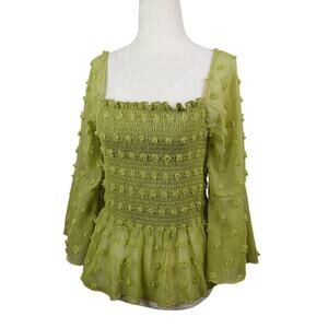London Rose Smock Square Neck Bell Sleeve Fairy Cottagecore Top L Olive Milkmaid